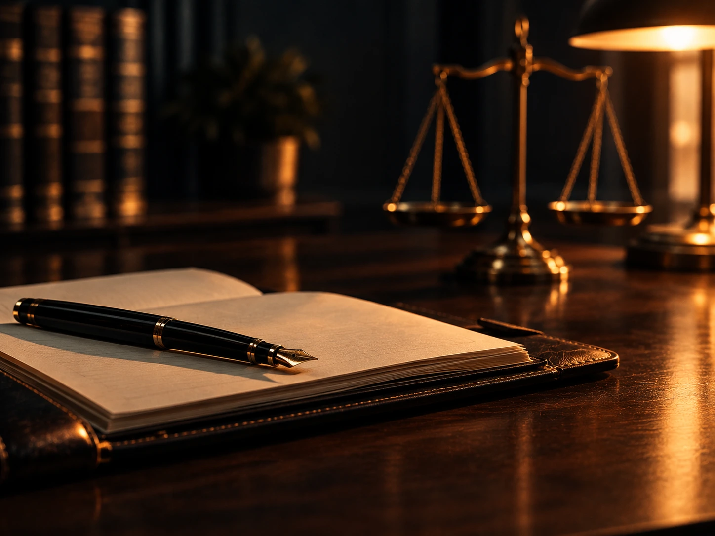 Balança da justiça e caderno de anotações sobre a mesa, representando o diagnóstico do caso no escritório